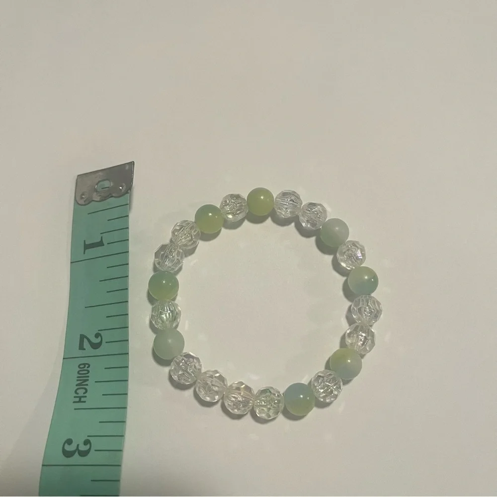Iridescent Glass Beaded Stretch Bracelet Handmade Green Clear